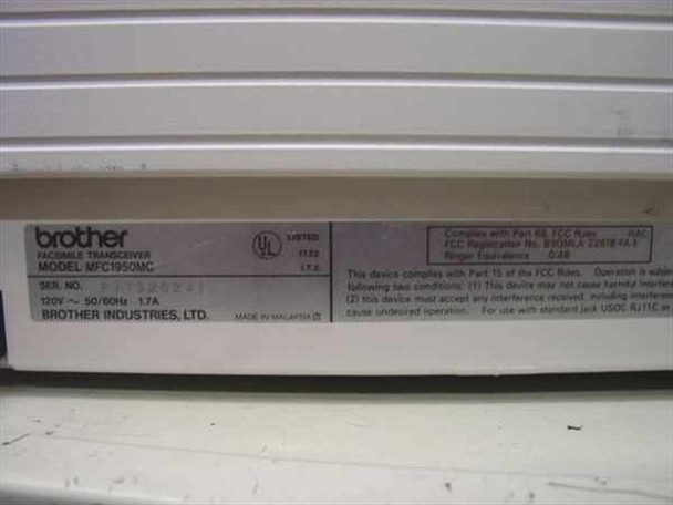 Brother MFC1950MC rating label showing model MFC1950MC, 120V 50/60Hz 1.7A, FCC registration, Made in Malaysia by Brother Industries Ltd.