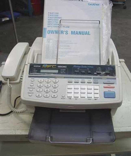 Brother MFC1950MC multifunction fax machine — front view with handset, keypad, paper tray, and owner's manual in document feeder