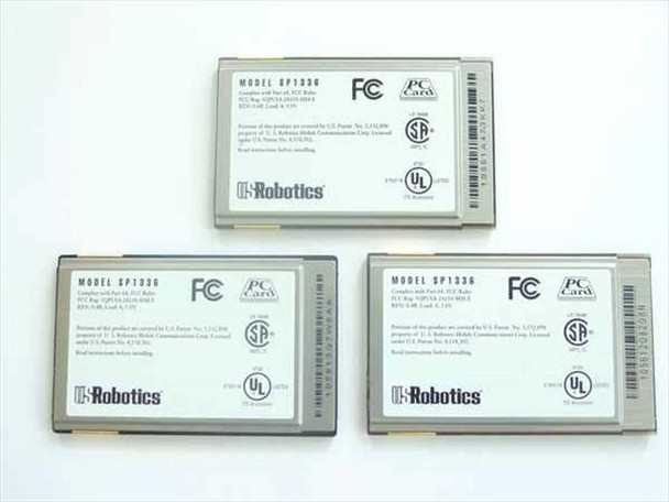 Rear label of US Robotics SP1336 PC Card Modem showing FCC, PC Card, CSA, and UL certifications with regulatory text