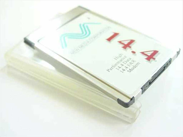 New Media Corporation 14.4 PCMCIA Modem Card — angled side view showing card edge connector and protective plastic sleeve