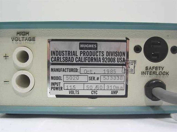 Hughes Aircraft 5020 Series 5000 DC Power Supply – rear rating plate label showing Model 5020, Serial No. 5J3338, manufactured Oct 1985, Input 115V 50/60Hz 310mA, Carlsbad California 92008 USA