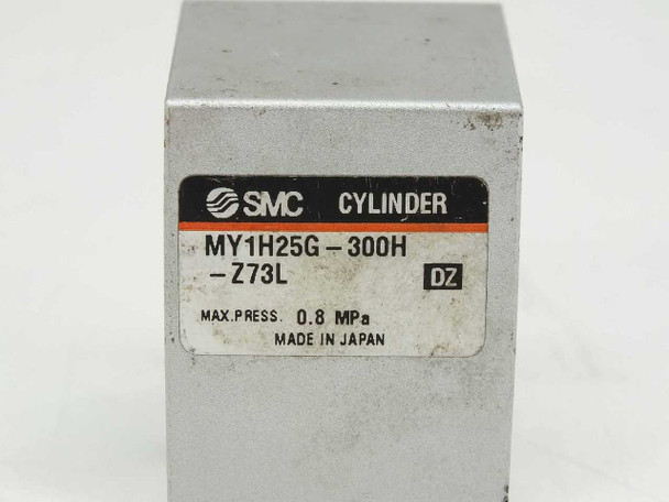 SMC MY1H25G-300H-Z73L cylinder label close-up showing model MY1H25G-300H-Z73L, max pressure 0.8 MPa, Made in Japan