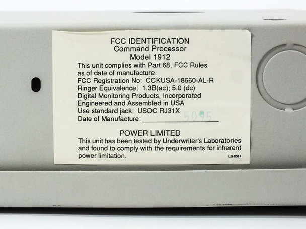 Digital Monitoring Products 1912 Command Processor – FCC identification label showing model, FCC registration CCKUSA-18660-AL-R, and UL power limited marking