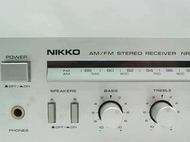 Nikko NR-320 front panel left section showing power switch, headphone jack, speaker A/B selector, bass and treble knobs