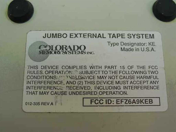 Colorado Memory Systems KE Jumbo External Tape Drive – bottom label showing Type Designator KE, part number 012-335 Rev A, FCC ID EFZ6A9KEB, Made in USA