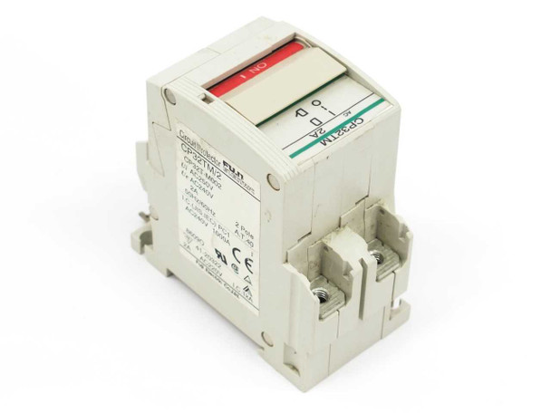 Fuji Electric CP32TM/2 CP32T-M002 Circuit Protector – right-side isometric view showing side label with ratings and UL/CE markings