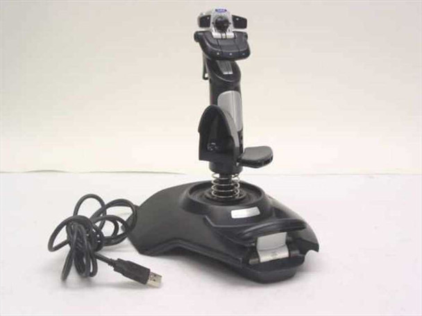 Saitek ST290 Pro programmable USB joystick — left front three-quarter view showing full joystick body, spring base, thumb throttle, and coiled USB cable