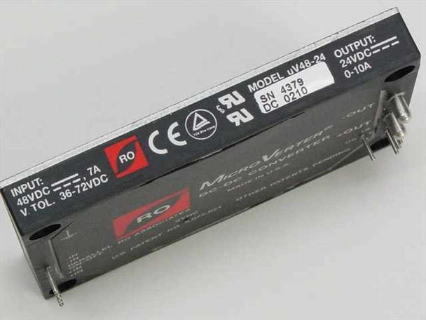 RO Associates uV48-24 MicroVerter DC-DC Converter – side label showing model uV48-24, input 48VDC 7A (36–72VDC tolerance), output 24VDC 0–10A, UL and CE marks
