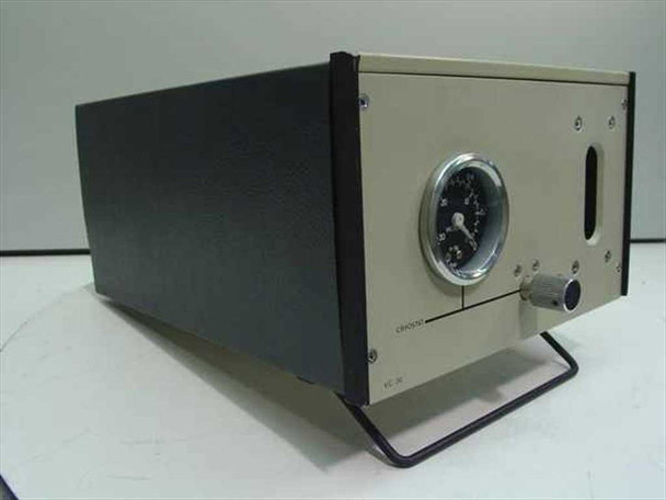 VC 30 Cryostat Gauge Flow Control — angled right-side view showing full enclosure with black side panels and wire support stand feet underneath