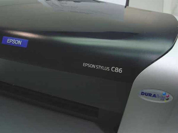 Epson Stylus C86 close-up of top panel showing model name and DURABrite ink logo on black housing