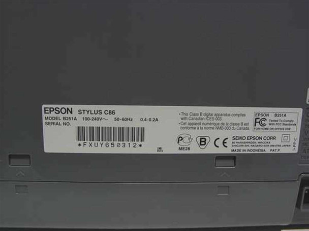 Epson Stylus C86 Model B251A rating label showing 100-240V 50-60Hz 0.4-0.2A, serial number, Made in Indonesia