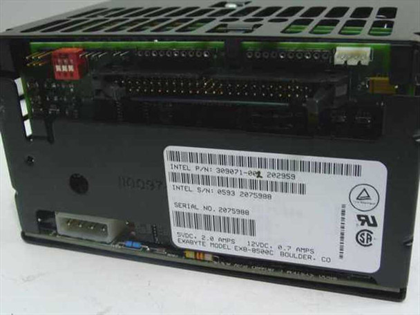 Exabyte EXB-8500C rear view showing SCSI connector, power connector, Intel P/N 309071-002 label, and 5VDC/12VDC power ratings