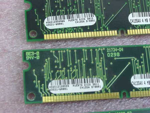HP A3521-60001 C4135AX 4MB EDO SIMM – close-up of label side showing A3521-60001, C4135A D-0001, and Puerto Rico manufacture markings