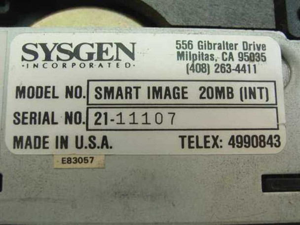 Sysgen Incorporated bottom label showing model Smart Image 20MB (INT), serial number 21-11107, Made in USA, and Sysgen address in Milpitas CA