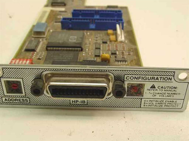 HP 09153-66511 bracket face close-up — HP-IB GPIB 24-pin connector, ADDRESS rotary switch, and CONFIGURATION DIP switches with caution label
