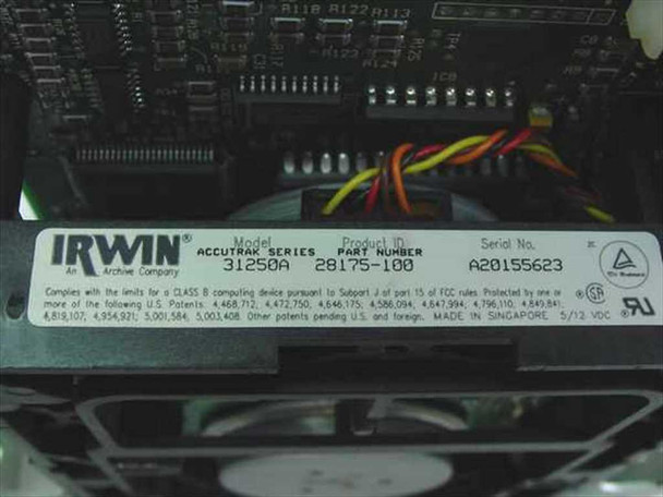 Irwin 31250A Accutrak tape drive – label close-up showing Model 31250A, Product ID 28175-100, Serial No. A20155623, Made in Singapore, 5V/12V DC