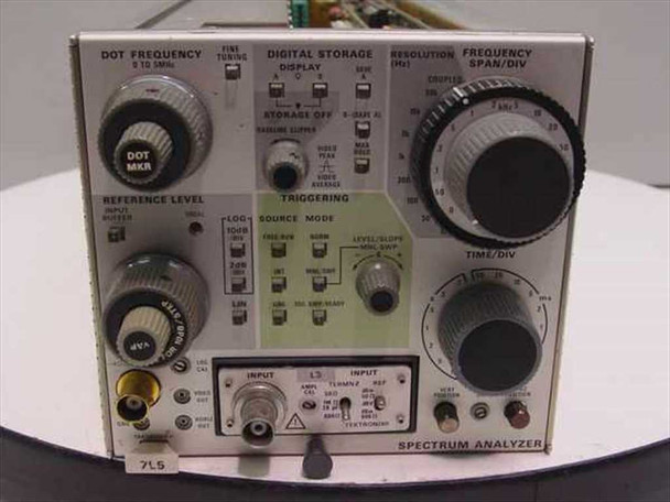Tektronix 7L5 Spectrum Analyzer plug-in — close-up of front panel controls including Dot Frequency 0–5MHz, Digital Storage display section, Resolution, Frequency Span/Div, and BNC input connectors