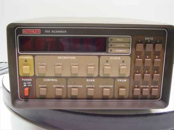 Keithley 705 Scanner front panel close-up showing LED readout, CHANNEL button, OPERATION section (Close, Open, First, Last), CLOCK section (Time, Date), SCAN and CONTROL buttons, and DATA keypad