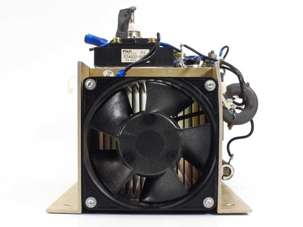 End view of heat sink assembly showing large 4.5-inch 220VAC cooling fan mounted to brass chassis with Fuji ESAG32-06T module visible above