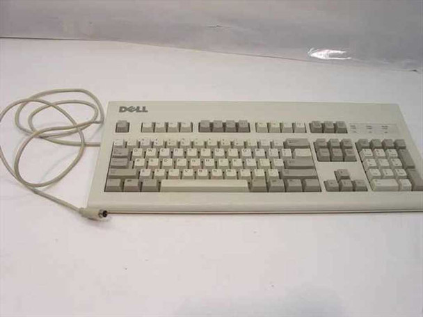 Dell AT101W 9772C PS/2 keyboard full front view with coiled PS/2 cable, beige 101-key layout