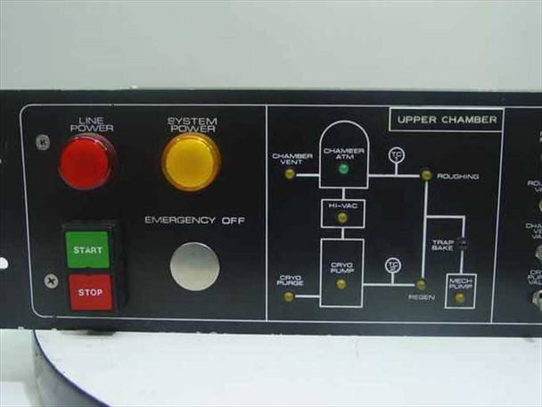 Close-up of Enerjet C Series controller left front panel showing Line Power red indicator, System Power amber indicator, Emergency Off button, green Start and red Stop buttons, and Upper Chamber schematic with Chamber ATM, Hi-Vac, Cryo Pump, Roughing, Trap Bake, and Mech Pump labels