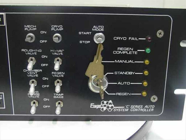Close-up of Enerjet C Series controller right front panel showing Mech Pump and Cryo Pump ON/OFF toggles, Roughing Valve, Hi-Vac Valve, Chamber Vent Valve, Regen Valve, Trap Bake toggles, key-switch Auto Mode with Start/Stop, and status LEDs for Cryo Fail, Regen Complete, Manual, Standby, Auto, and Regen