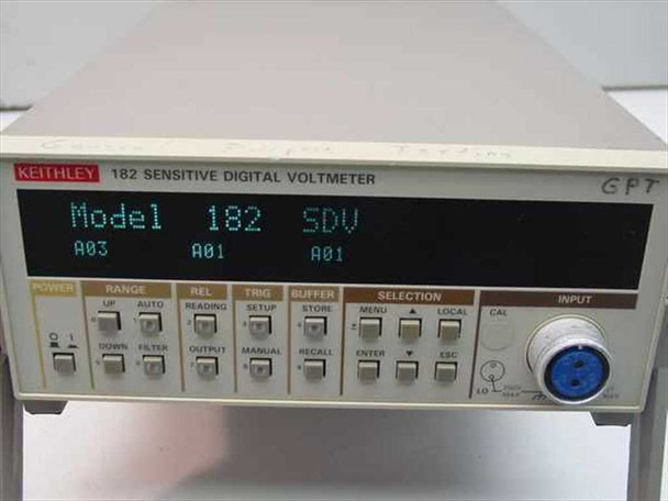 Keithley 182 Sensitive Digital Voltmeter — powered-on front panel displaying 'Model 182 SDV / A03 A01 A01' on the VFD screen, showing the unit boots and self-identifies