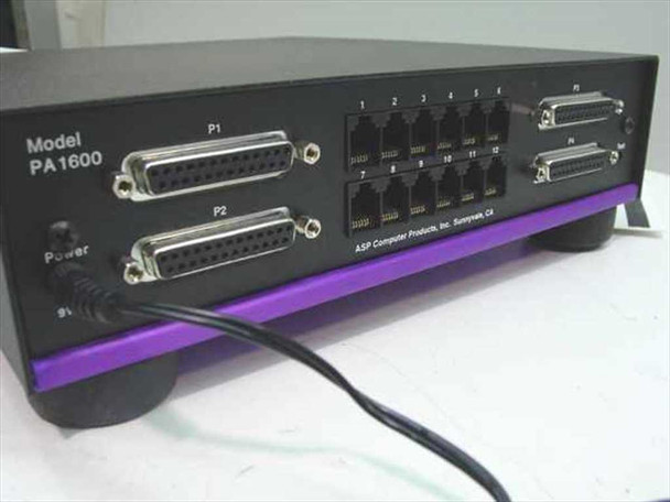ASP PA1600 Port Authority rear panel showing Model PA1600 label, two DB25 parallel printer ports (P1, P2), 12 RJ computer ports numbered 1–12, two additional DB25 ports, and power cable