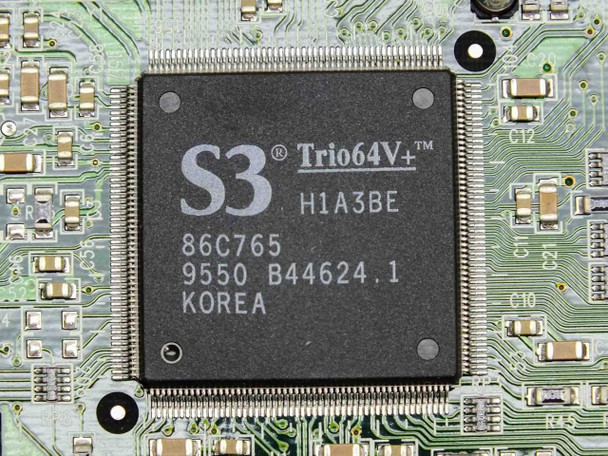 Close-up of S3 Trio64V+ (86C765) main graphics controller chip on Diamond Stealth 64 Video 2001 PCI card