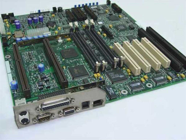 Intel 681234-509 motherboard — angled front view showing rear I/O panel with parallel port, DB9 serial, and PS/2 connectors