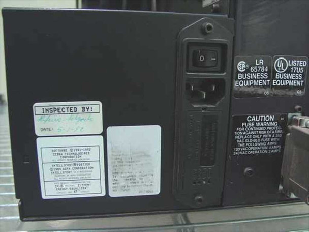 Zebra Z90GM – rear panel showing IEC power inlet, power switch, UL listing label, and inspection sticker