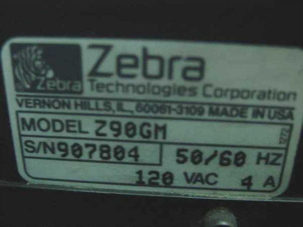 Zebra Z90GM – manufacturer rating plate showing Model Z90GM, S/N 907B04, 120 VAC, 4A, 50/60 Hz, Made in USA