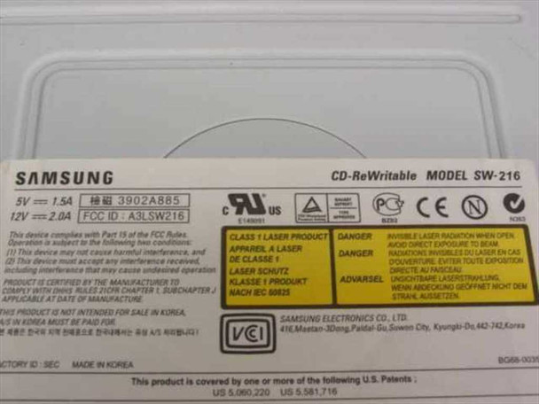 Samsung SW-216 CD-RW drive — bottom label showing model number, FCC ID A3LSW216, 5V/12V power ratings, and Samsung Electronics manufacturer info