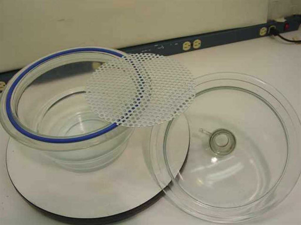 Wheaton Dry Seal vacuum desiccator disassembled – glass bowl with blue gasket, perforated metal shelf insert, and domed glass lid with stopcock shown separately