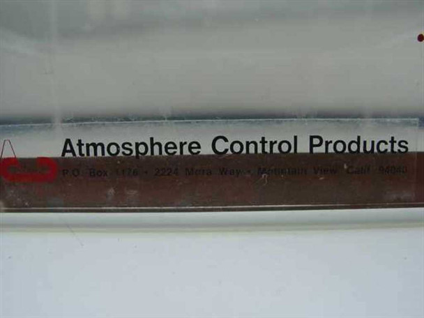 Atmosphere Control Products brand label on desiccator base rail — P.O. Box 1176, 2224 Mora Way, Mountain View, Calif. 94050