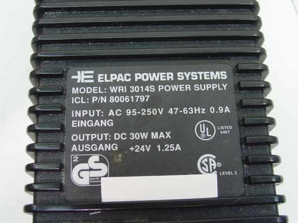 Elpac Power Systems WRI3014S label showing model, ICL P/N 80061797, input AC 95-250V 47-63Hz 0.9A, output DC 30W max 24V 1.25A, UL and GS certifications