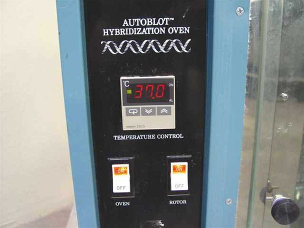 Bellco Glass AutoBlot Hybridization Oven front control panel close-up showing digital EXC5 temperature controller reading 37.0°C, Oven and Rotor toggle switches