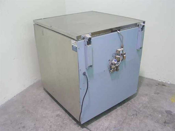 Union Carbide LR-310 Cryogenic Freezer – right rear view showing blue side panel, LN2 supply/fill plumbing connections, and power cord
