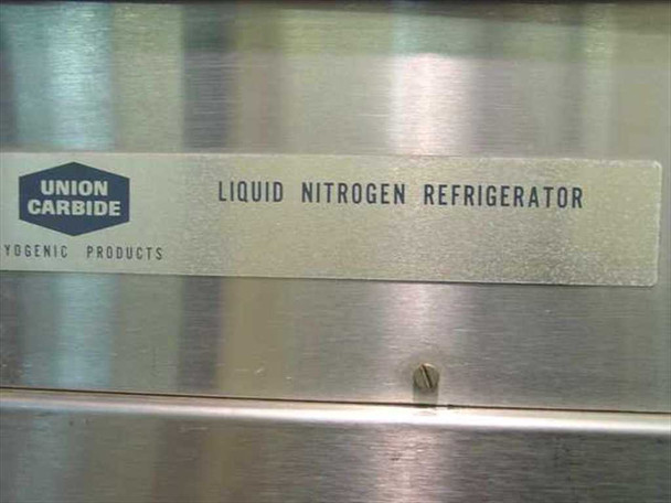 Union Carbide Cryogenic Products label on freezer exterior – 'Liquid Nitrogen Refrigerator' designation