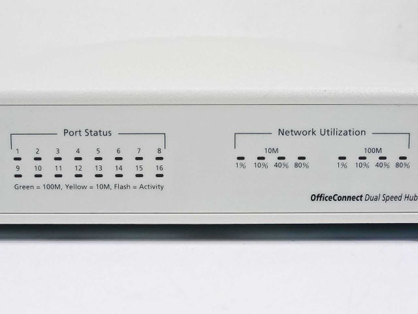 3Com OfficeConnect Dual Speed Hub front panel close-up showing 16 port status LEDs (ports 1-16) and network utilization LEDs for 10M and 100M