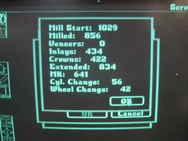 Sirona Cerec II service screen showing usage statistics: 1029 mill starts, 856 milled, 434 inlays, 422 crowns, 56 cylinder changes, 42 wheel changes