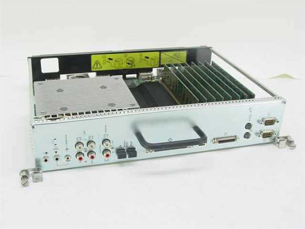 Silicon Graphics SGI IP30 030-0887-003 Octane System Board – angled front-left view showing audio RCA jacks, DB9/DB25 ports, RAM slots, and CPU heatsink in metal chassis sled