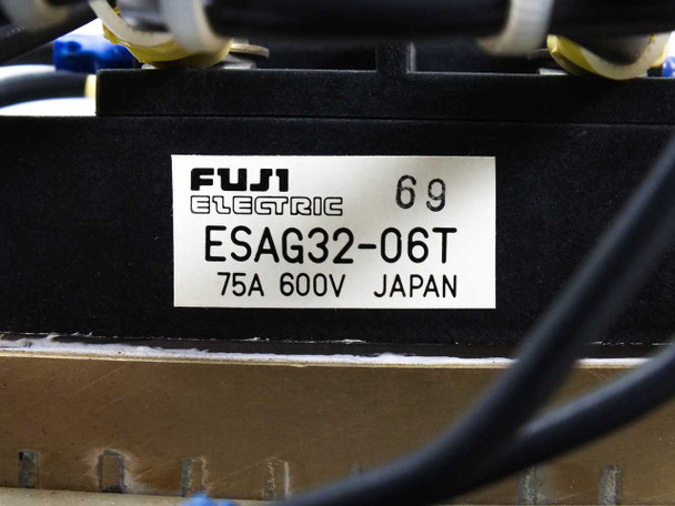 Fuji Electric ESAG32-06T label closeup – 75A 600V Japan rating plate on black transistor module body