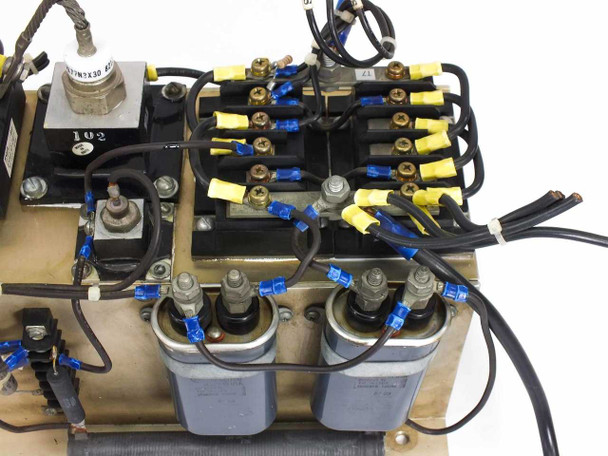 Heat sink assembly – top-down view showing yellow-tabbed transistor modules, capacitors, GE A177N3X30 component, and interconnect wiring