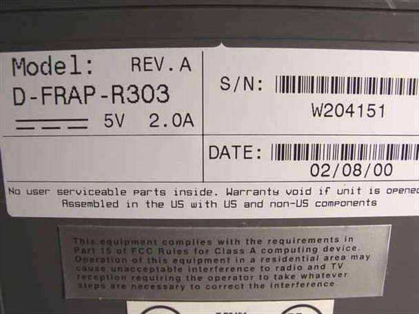 Sync D-FRAP-R303 bottom label showing model D-FRAP-R303 Rev. A, 5V 2.0A power rating, serial number W204151, and manufacture date 02/08/00