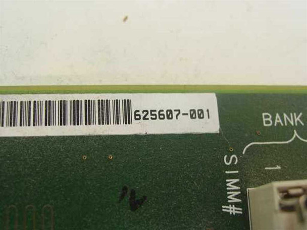 Intel 625607 memory board label closeup showing barcode and part number 625607-001 with SIMM Bank 1 callout