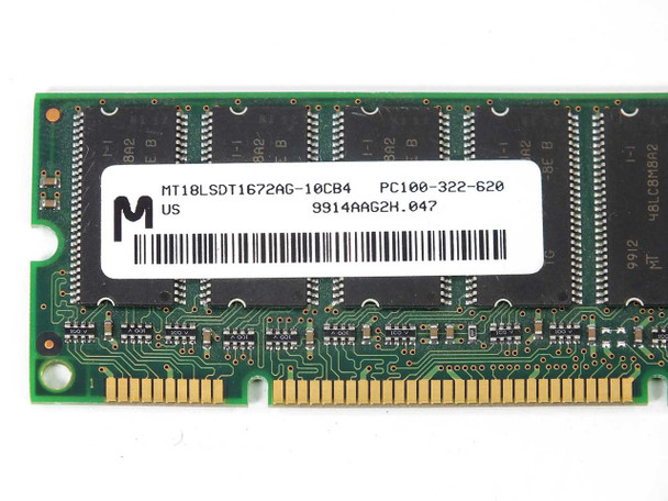 Micron MT18LSDT1672AG 128MB PC100 ECC SDRAM DIMM – close-up of label showing MT18LSDT1672AG-10CB4, PC100-322-620, and date code 9914AAG2H.047