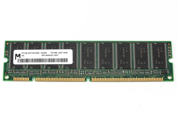 Micron MT18LSDT1672AG 128MB PC100 ECC SDRAM DIMM – front component side showing label with part number MT18LSDT1672AG-10CB4 and PC100-322-620