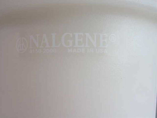 Nalgene 4150-2000 label close-up showing model number and Made in USA marking on HDPE body