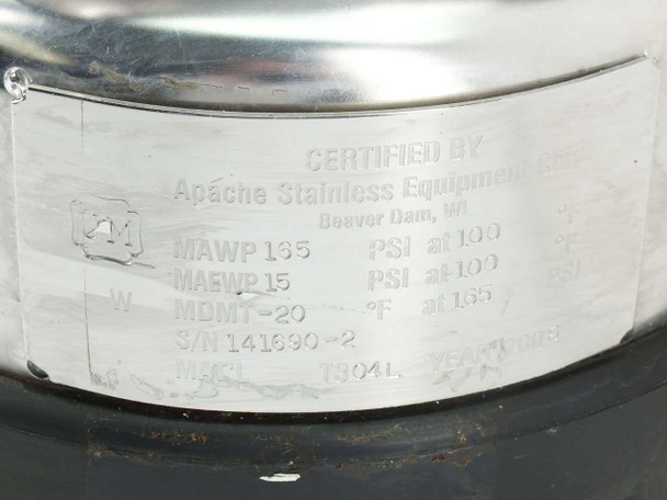 Apache Stainless Equipment certification plate showing MAWP 165 PSI, MAEWP 15 PSI, MDMT -20°F, material T304L, and serial number 141830-2